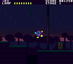 A frame from the real cartridge: Erg mid-jump in the Dusk Canopy.